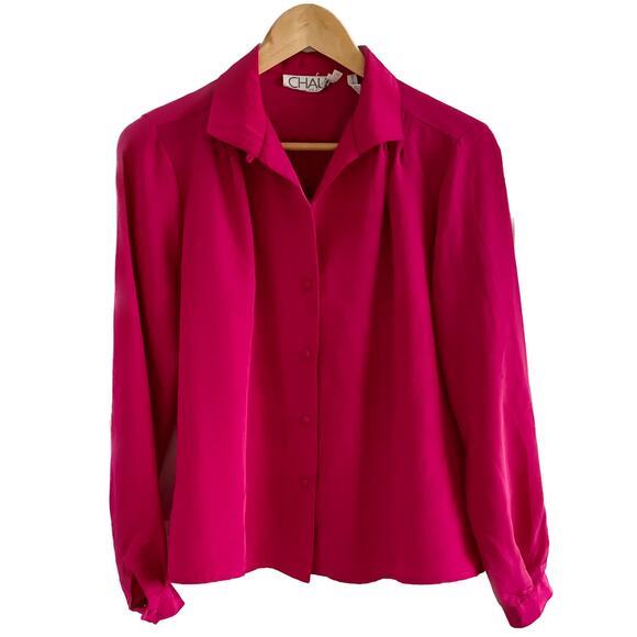 Vintage hot pink chiffon lightweight secretary blouse shoulder pleats size M - Picture 1 of 8